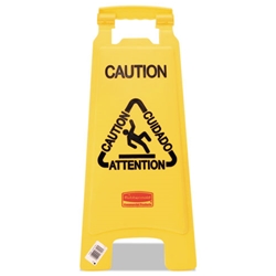 Rubbermaid Multilingual "Caution" Floor Sign, Plastic, 11 x 12 x 25, Bright Yellow