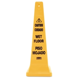 Rubbermaid Four-Sided Caution, Wet Floor Yellow Safety Cone, 12 1/4 x 12 1/4 x 36h