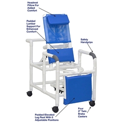 MJM Reclining Shower Chair w/ Headrest Pillow, Padded Lumbar & Padded Elevated Legrest
