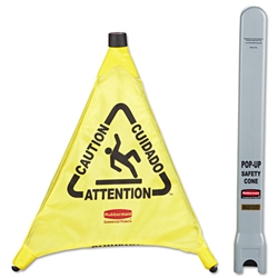 Rubbermaid Multilingual "Caution" Pop-Up Safety Cone, 3-Sided, Fabric, 21 x 21 x 20, Yellow