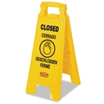 Rubbermaid Multilingual "Closed" Sign, 2-Sided, Plastic, 11w x 12d x 25h, Yellow